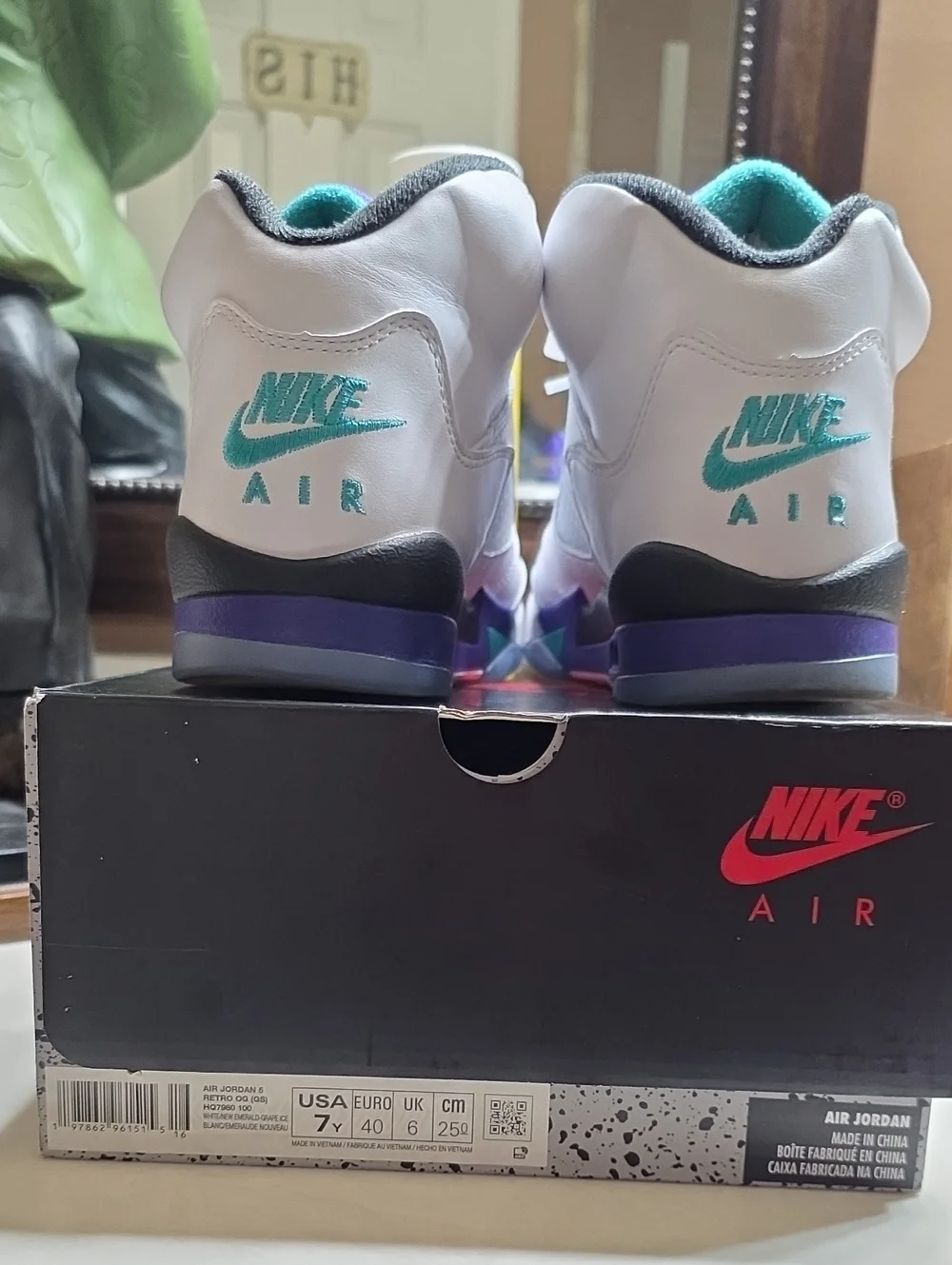 JORDAN RETRO 5    White Basketball Sneakers with Purple & Teal Accents